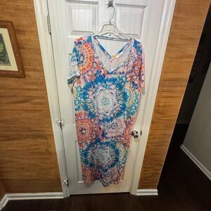 Tie-Dye V-Neck Women’s Dress - Blue & Coral